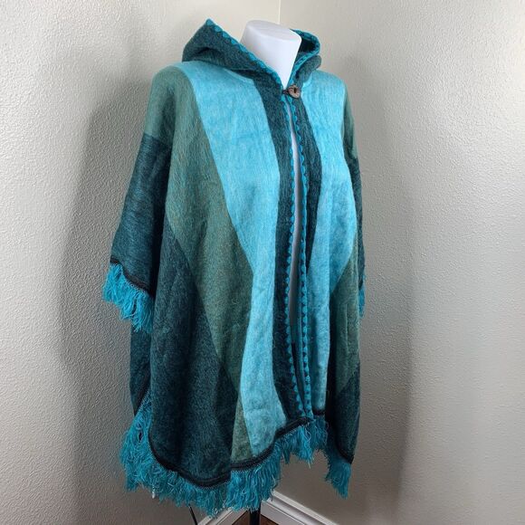 Alpaca Sweaters - Alpaca Cotton Poncho Sweater Blue Stripe Button Hooded Sz OS Soft Cozy